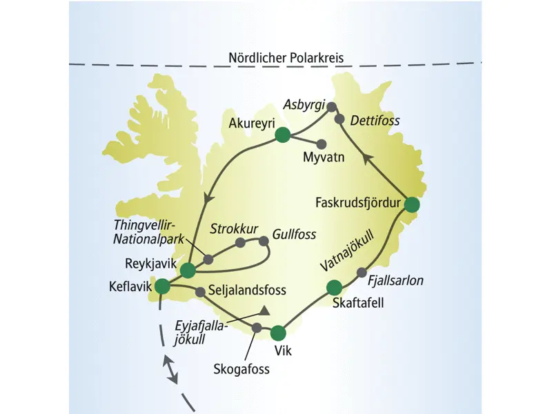 Diese Rundreise für Singles und Alleinreisende führt auf der Ringstraße rund um Island über die Stationen Keflavik, Vik, Höfn, Breidalsvik, Akureyri und Reykjavik.
