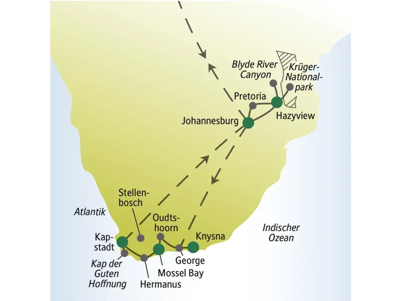 Die Stationen unserer Südafrikareise für Singles und Alleinreisende sind Hazyview, Sandton, Knysna, Mossel Bay und Kapstadt. Wir erleben die Straußenfarm in Oudtshoorn, Franschoek und Stellenbosch und das Kap der Guten Hoffnung.
