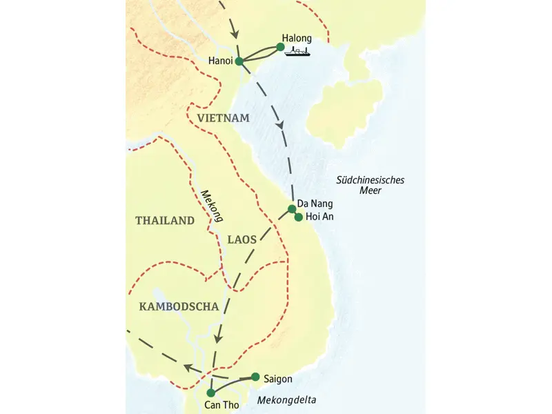 Wichtigste Stationen dieser 14-tägigen Familienreise durch Vietnam: Hanoi, Halongbucht, Hoi An, Mekongdelta und Saigon.