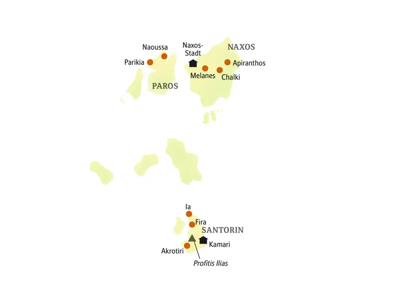 Auf den beiden Kykladeninseln Santorin und Naxos sehen Sie z. B. Parikia, Naoussa, Melandes und Chalki.