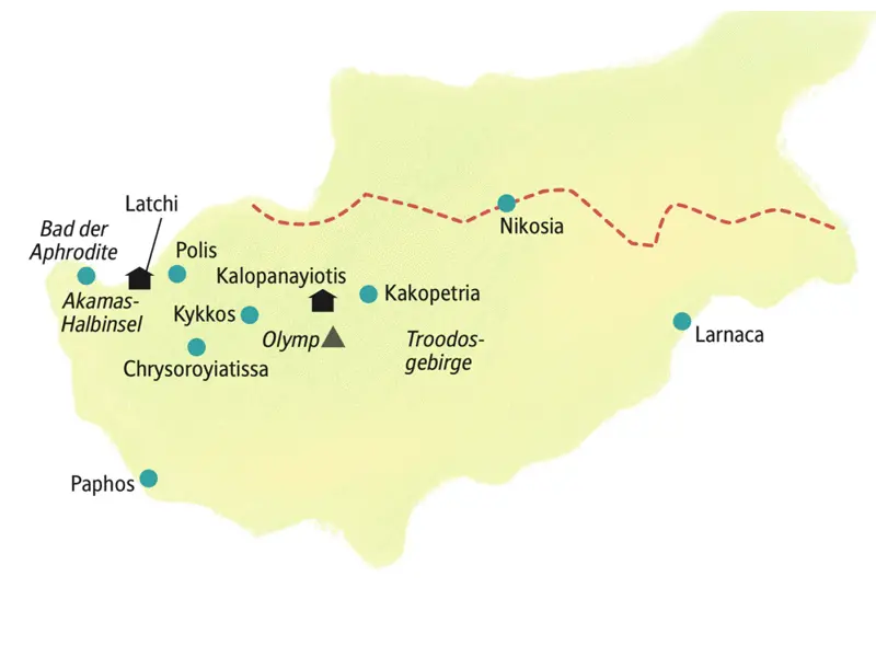 Unsere Reiseroute durch Zypern startet im Bergdorf Kalopanayiotis, führt uns nach Latchi auf die Akamas-Halbinsel, dann nach Paphos und schließlich nach Larnaca.