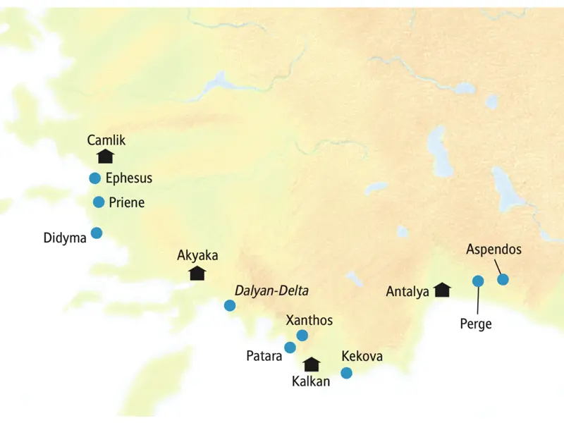 Auf dieser Rundreise in kleiner Gruppe durch die Westtürkei sind unsere Stationen Camlik, Antalya, Akyaka und Kalkan.