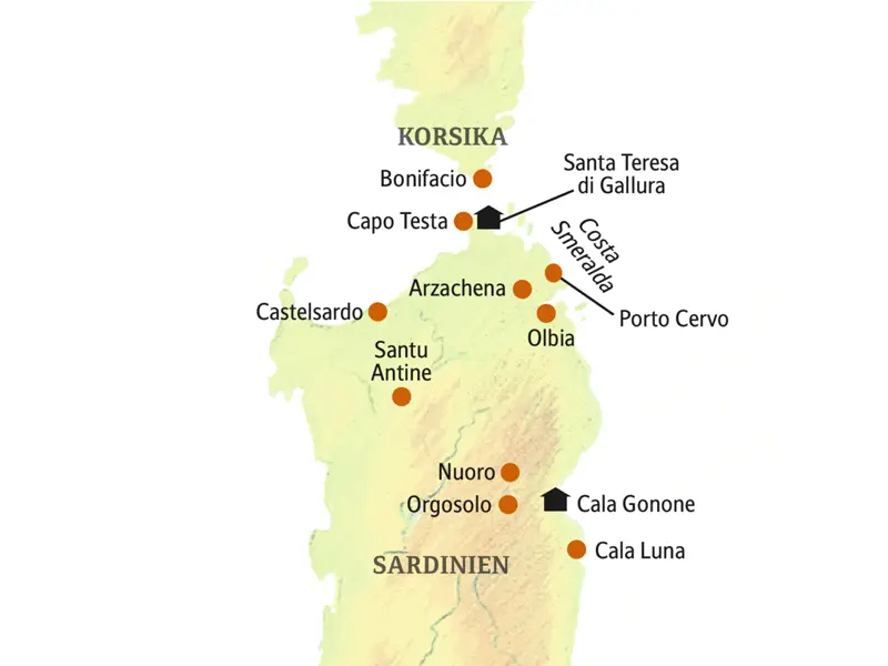 Unsere Rundreise auf Sardinien führt über den Nordteil der Insel, wie z.B. Arzachena, Castelsardo, Santa Teresa di Gallura, Nuoro, Orgosolo und Cala Gonone.