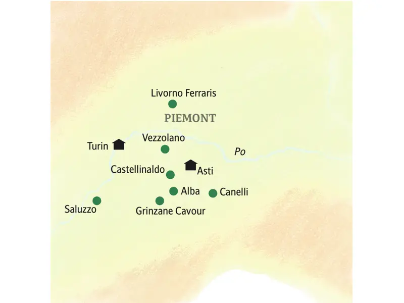 Unsere Reiseroute durch Piemont führt u.a. über Turin, Pollenza, Asti, Alba, Barolo und Saluzzo.