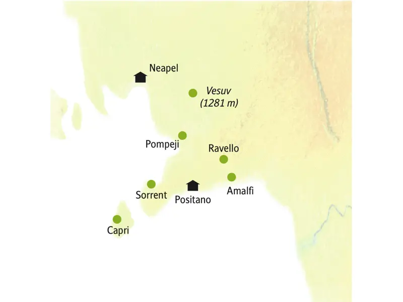 Auf unserer smart&small-Reise an den Golf von Neapel wohnen wir in Neapel und Positano. Von da aus starten wir z.B. nach Pompeji, Sorrent, Capri, Amalfi, Ravello und zum Vesuv.