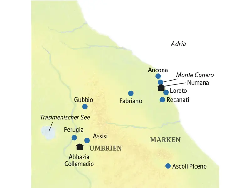 Ausgangspunkt unserer Rundreise durch Umbrien und die Marken ist Numana. Die Route unserer Touren führt über Ancona, Loreto, Perugia, Monticelli und Assisi.