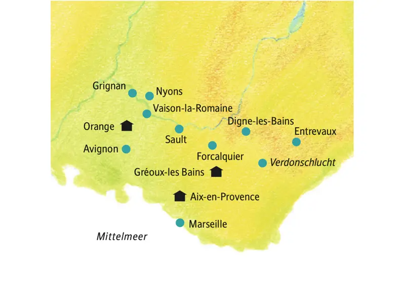 Auf dieser smart&small-Reise in die Provence wohnen wir in Aix-en-Provence,Orange und Gréoux-les Bains. Von dort aus unternehmen wir jeweils entspannte Ausflüge ans Meer und in die Berge.