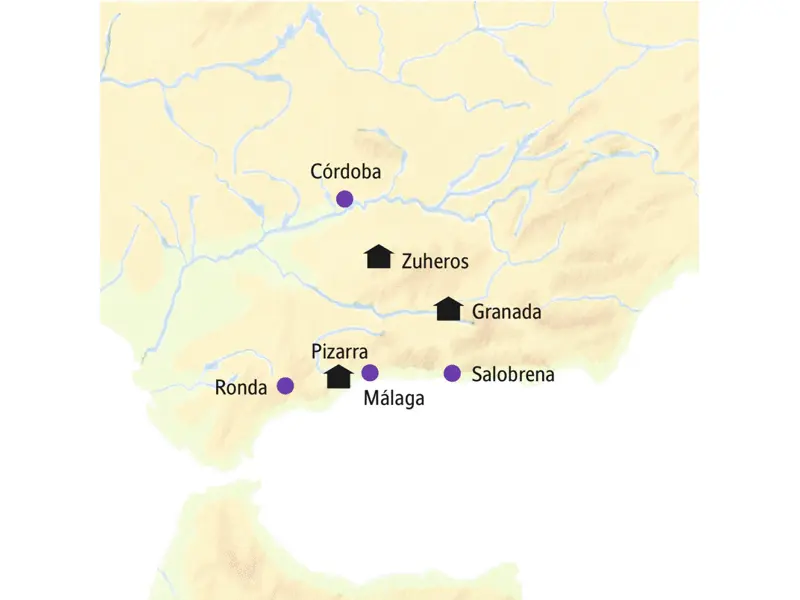 Unsere Stationen auf der Rundreise durch Andalusien sind Pizarra, Zuheros und Granada. Wir besuchen auch Córdoba, Salobrena und Ronda.