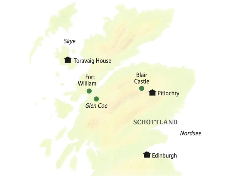 Die Karte zeigt die Hotelstandorte und Highlights unserer Schottlandreise in kleiner Gruppe: Edinburgh, Dunkeld, Pitlochry, Blair Castle, Glen Coe, Fort William, Sligachan