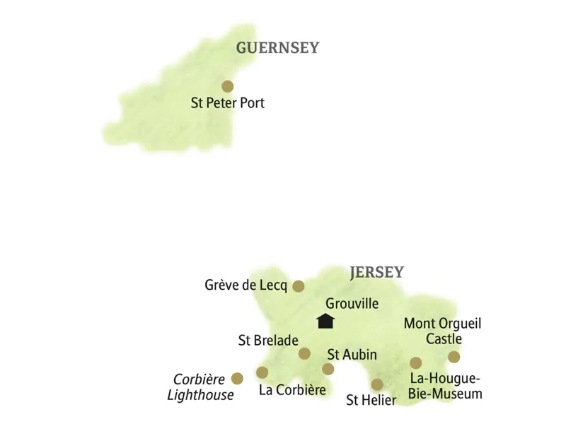 Vom Herzen der Insel aus, unserem Standort bei Grouville, erkunden wir die Insel Jersey, besuchen St Brelade, La Corbière, St Aubin und Mont Orgueil Castle. Mit der Fähre machen wir einen Ausflug zur Nachbarinsel Guernsey.