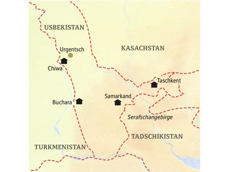 Die Karte zeigt die Höhepunkte und Übernachtungsorte der Reise Usbekistan - Tagträume im Morgenland: Taschkent, Samarkand, Buchara, Chiwa, Urgentsch.