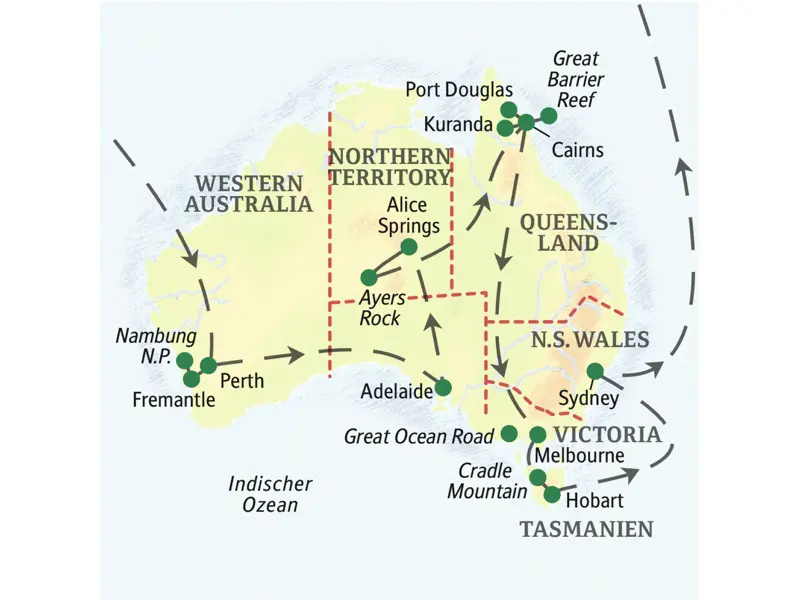 Die Karte zeigt den Verlauf unserer großen Australienreise: Perth, Fremantle, Mambung NP, Adelaide, Alice Spreings, Ayers Rock, Cairns, Port Douglas, Kuranda, Melbourne, Hobart, Cradle Mountain, Sydney