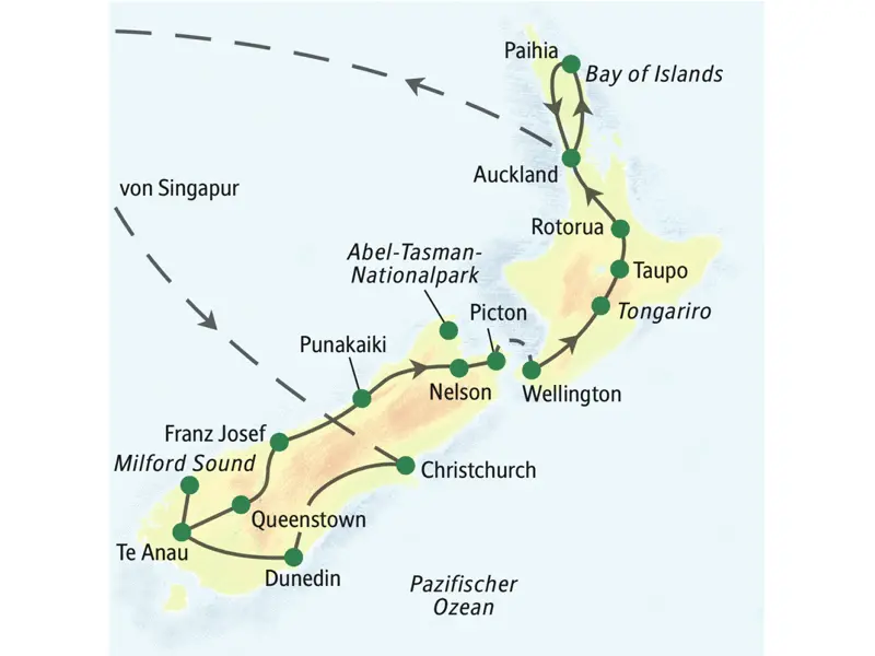 Die Karte zeigt den Verlauf unserer vierwöchigen Studienreise mit Muße durch Neuseeland: Christchurch, Dunedin, Te Anau, Milford Sound, Queenstown, Franz Josef, Punakaiki, Nelson, Picton, Wellington, Tongariro, Taupo, Rotorua, Paihia, Auckland.