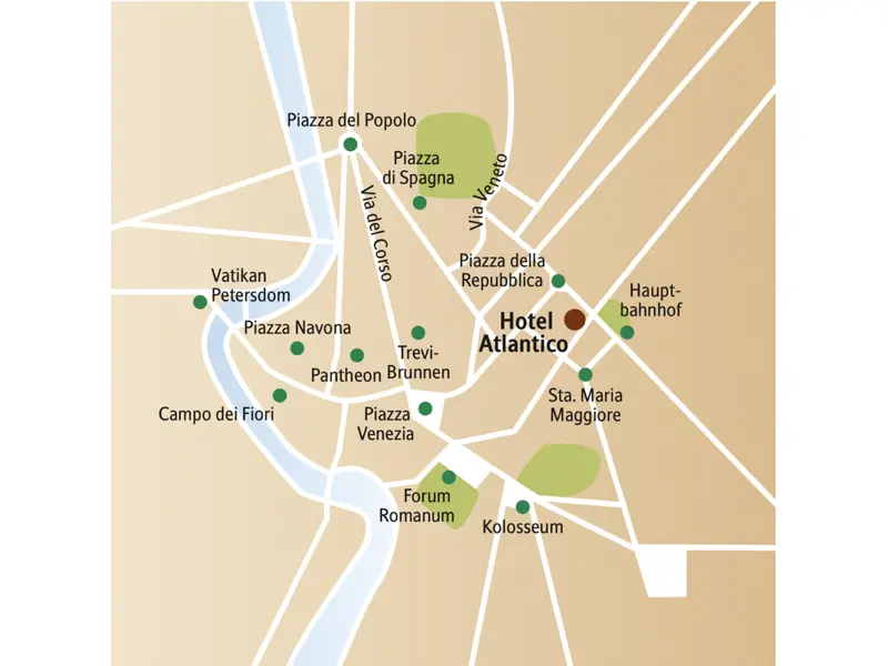 Der Stadtplan von Rom zeigt die wichtigsten Sehenswürdigkeiten, die wir auch auf der 6-tägigen Städtereise besuchen, sowie die zentrale Lage des Hotels Atlantico.