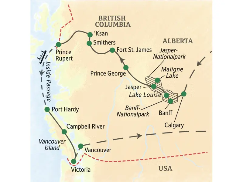 Der Westen Kanadas ist ein echtes Naturabenteuer! Ihre Studienreise führt von Calgary durch die Rocky Mountains in den Norden von British Columbia und nach Vancouver Island.