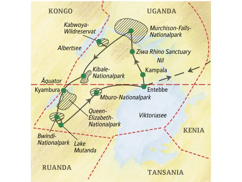 Stationen unserer Studiosus-Reise durch Uganda: Entebbe, Kampala, Hoima, Fort Portal, Katunguru, Lake Mulehe und Mbarara.
