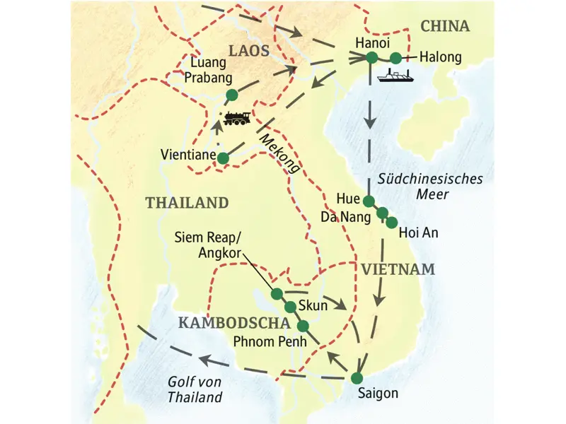 Unsere Reiseroute führt nach Laos, Vietnam und Kambodscha und zu allen Höhepunkten der Länder. Blicken Sie mit Ihrer Studiosus-Reiseleiterin hinter den Bambusvorhang und entdecken Sie den Zauber Indochinas!