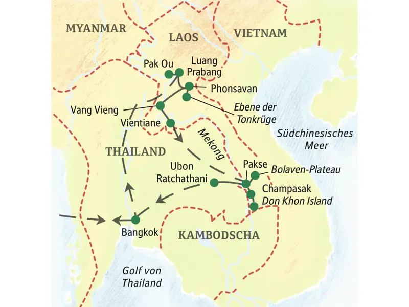 Laos auf einer 16-tägigen Studienreise von Nord nach Süd erleben: Gehen Sie an Bord unseres Mekongschiffes nach Luang Prabang und genießen Sie in Südlaos Ihre Lodge am Mekong!