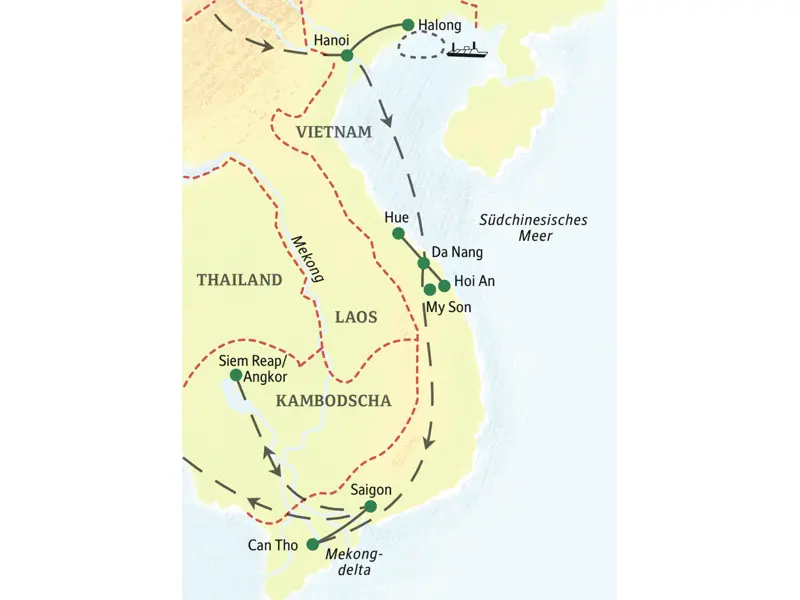 Wichtigste Stationen dieser Studienreise durch Vietnam und Kambodscha: Hanoi, Halongbucht, Hue, Hoi An, Saigon und Angkor Wat.