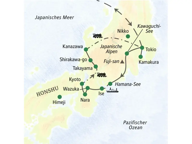 Die Höhepunkte der japanischen Hauptinsel in einer 14-tägigen Studienreise kombiniert. Mit Gelegenheit zu einem Ausflug nach Himeji.