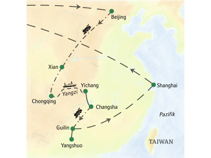 Die Route dieser zweiwöchigen Studienreise durch China führt von Beijing über Xian und von Chongqing auf dem Yangzi flussabwärts und anschließend über Changsha und Guilin nach Shanghai.