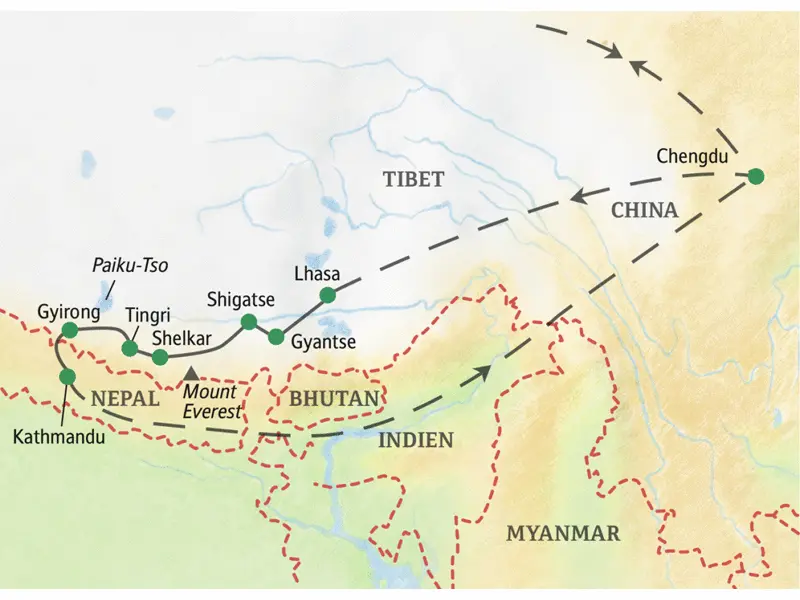 Auf dieser spektakulären Himalaya-Route reisen Kulturbegeisterte von China nach Tibet, von Lhasa über Shigatse und Gyantse ins Hochgebirge und schließlich nach Kathmandu in Nepal.