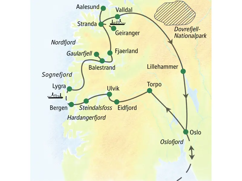 Auf der Studiosus-Reise Norwegen - Welt der Fjorde reisen die Gäste gemeinsam in der Gruppe von Oslo zum Hardangerfjord, Sognefjord und Geirangerfjord.