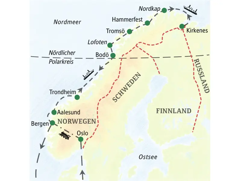 Auf dieser Studiosus-Reise Norwegen - auf der Postschiffroute sind die Gäste die meiste Zeit mit dem komfortablen Schiff unterwegs - von Bergen über den Polarkreis nach Kirkenes und zurück. Außerdem Ausflüge zu Lande.