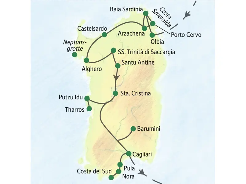 Stationen auf der Studienreise Sardinien - Höhepunkte sind unter anderem Olbia, Alghero, Putzu Idu, Pula und Cagliari.