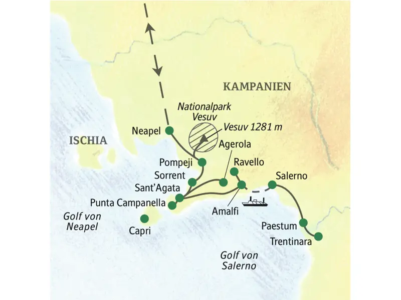 Die Reiseroute unserer Wander-Studienreise führt uns nach Vico Equense und Cetara. Wir wandern unter anderem an der Punta Campanella und auf dem Sentiero degli Dei.