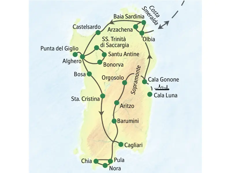 Die wichtigsten Stationen unserer Wander-Studienreise nach Sardinien: Arzachena, Castelsardo, Alghero, Cagliari, Pula und Cala Gonone.