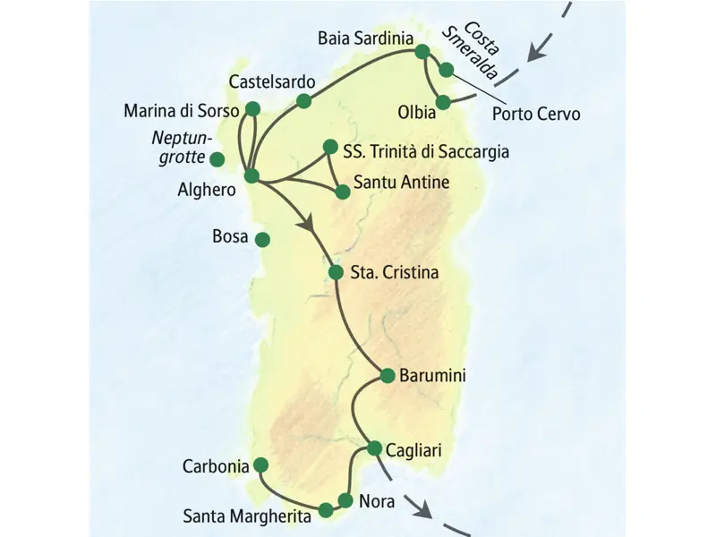 Stationen der Reise Sardinien - mit Muße sind unter anderem Olbia, Castelsardo, Alghero, Cagliari und Santa Margherita.