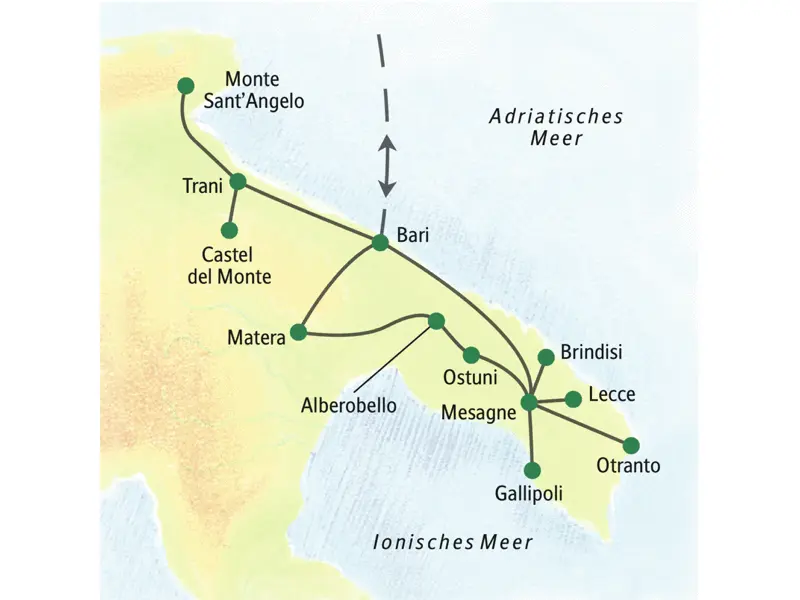 Reisekarte der Studienreise Apulien - umfassend erleben mit den wichtigsten Stationen, wie zum Beispiel Bari, Castel del Monte, Matera, Ostuni, Brindisi, Gallipoli, Lecce und Otranto.