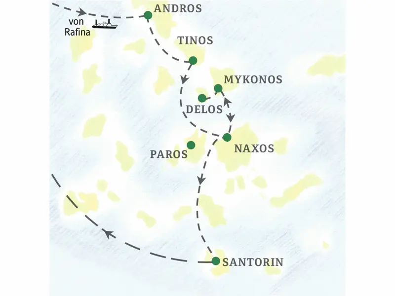 Auf dieser Studienreise können Sie die Kykladeninseln Andros, Tinos, Mykonos, Naxos und Santorin kennenlernen sowie auf Wunsch auch Paros.