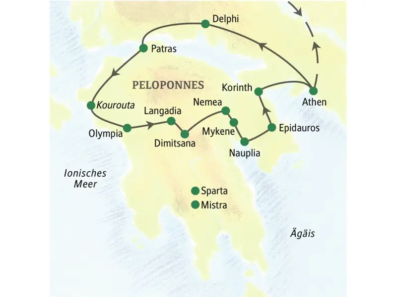 Unsere Studienreise mit Muße durch Griechenland führt über Athen, Delphi, Olympia, Nauplia, Mykene, Epidauros.