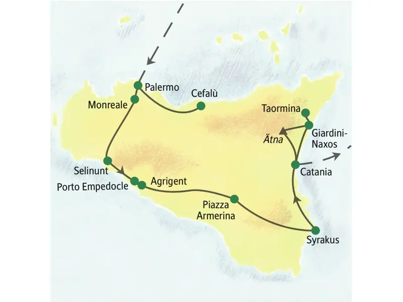 Unsere Reiseroute auf Sizilienführt von Palermo über Monreale, Selinunt, Agrigent, Syrakus, Taormina bis nach Catania.