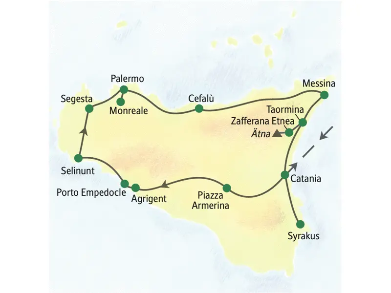 Stationen dieser Studiosus-Reise nach Sizilien sind Palermo, Monreale, Cefalù, Agrigent, Selinunt, Taormina, Syrakus, Catania, Villa Casale und der Ätna