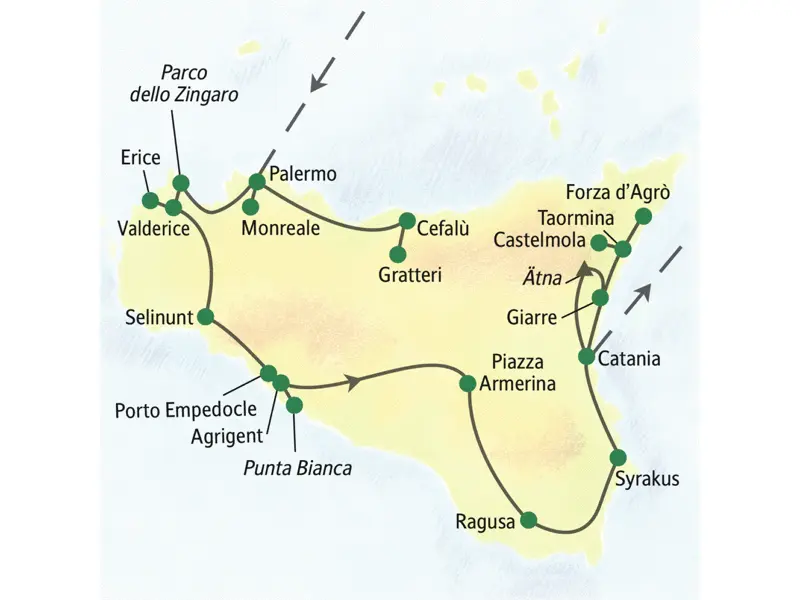 Unsere Reiseroute durch Sizilien startet in Palermo und führt über Valderice, Selinunt, Agrigent und Syrakus bis nach Catania. Wir wandern auch am Ätna und durch die Berge bei Forza d'Agrò.