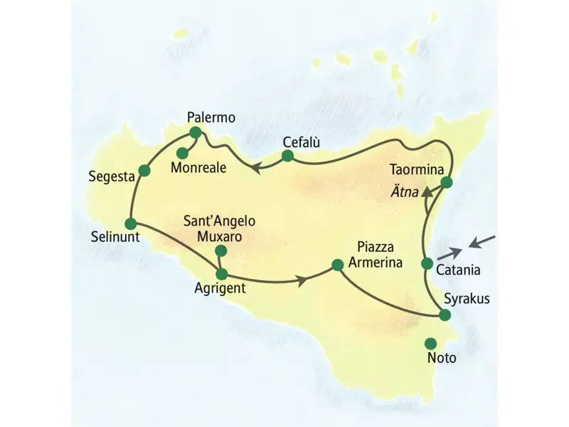 Unsere Reiseroute durch Sizilien startet in Catania und führt über Cefalù, Palermo, Segesta, Selinunt, Agrigant und Syrakus zurück zum Ausgangspunkt. Auch zum Ätna und nach Taormina bringt uns unser bequemer Reisebus während unserer Studienreise mit Muße.