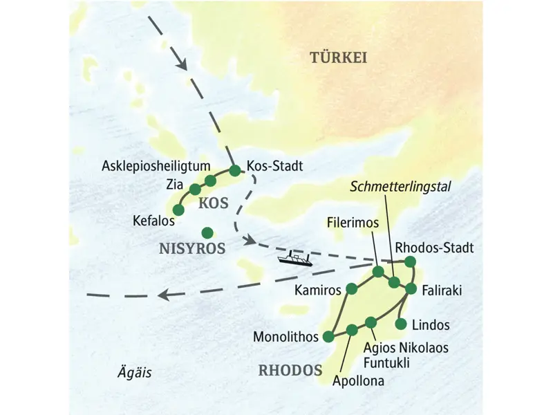 Diese Studienreise bringt Sie auf zwei griechische Inseln: Kos und Rhdos, wo Sie u.a. bis nach Kefalos und Monolithos reisen.
