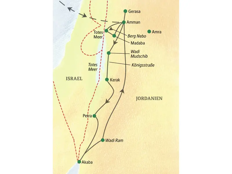 Unsere Reiseroute durcxh Jordanien führt von Amman über Kerak, Petra und Akaba zurück nach Amman.