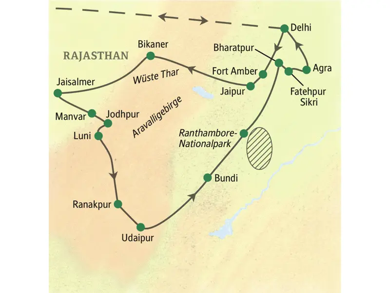 Die Karte zeigt den Verlauf der Studienreise Rajasthan - mit Flair: Delhi, Jaipur, Bikaner, Jaisalmer, Manvar, Jodhpur, Luni, Ranakpur, Udaipur, Bundi, Ranthambore-Nationalpark, Fatehpur Sikri, Agra.