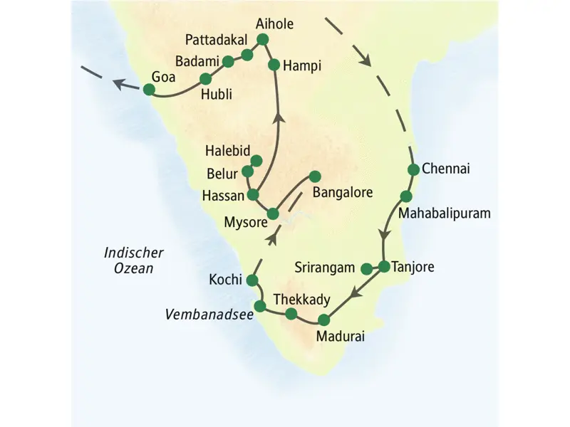 Reiseroute der umfassenden Studienreise durch Südindien: Nach Ankunft in Chennai Fahrt nach Mahabalipuram. Von dort Richtung Süden nach Tanjore, Srirangam, Madurai, dann durch Kerala von Thekkady über den Vembanadsee nach Kochi, im Anschluss durch Karnataka, Mysore, Chikmagalur, Hampi und Badami nach Goa.