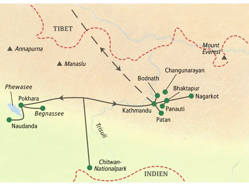 Die Karte zeigt den Verlauf unserer Studienreise Nepal - am Thron der Götter: Kathmandu, Chitwan-Nationalpark, Pokhrara, Begnassee, Naudanda, Patan, Bodnath, Bhaktapur, Nagarkot, Panauti