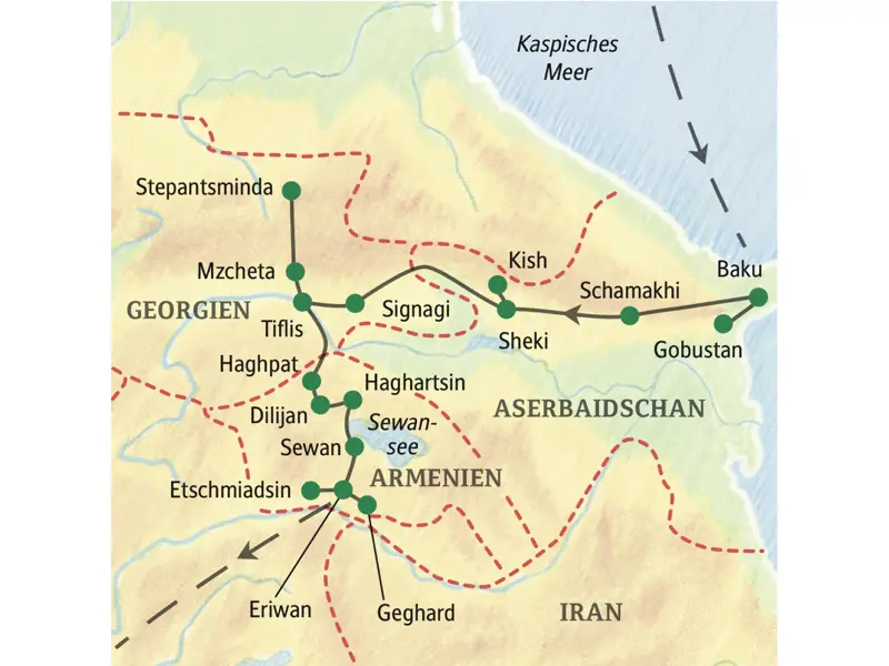 Unsere 14-tägige Studienreise durch den Südkaukasus umfasst die Höhepunkte Aserbaidschans, Georgiens und Armeniens mit einzigartigen Naturerlebnissen zwischen Schneebergen und Wüste.