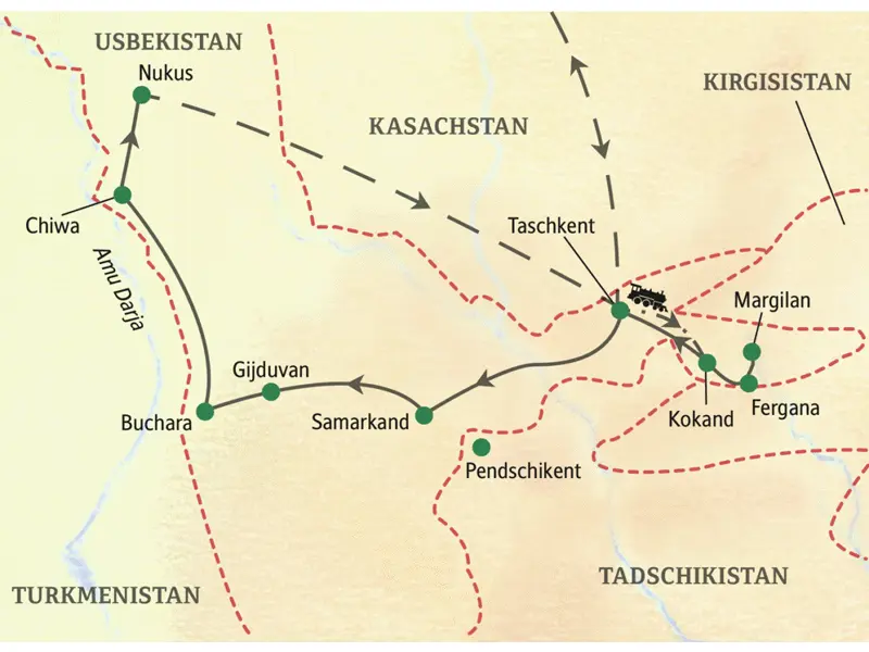 Die Karte zeigt den Verlauf unserer umfassenden Studienreise durch Usbekistan: Taschkent, Ferganatal, Samarkand, Gijduvan, Buchara, Chiwa und Nukus.