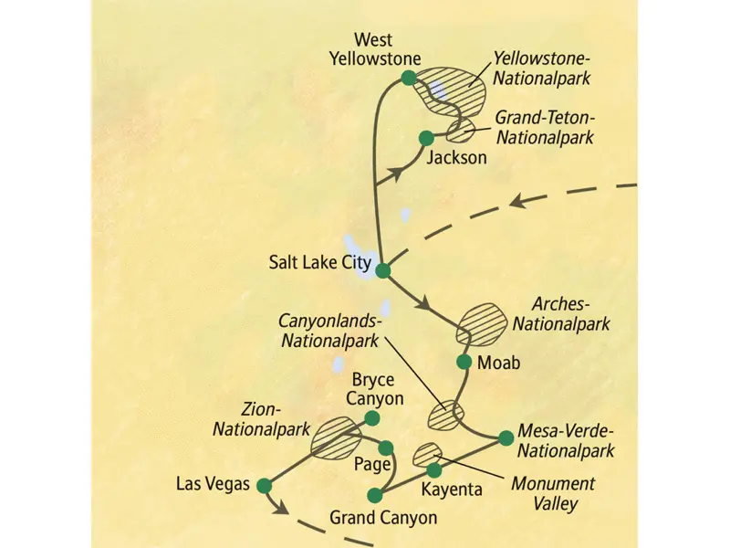 Die Route dieser Rundreise führt in 17 Tagen von Salt Lake City zum Yellowstone-Nationalpark und durch die Canyonlandschaften Utahs weiter zum Monument Valley und zum Grand Canyon. Die Studienreise endet spektakulär in Las Vegas.