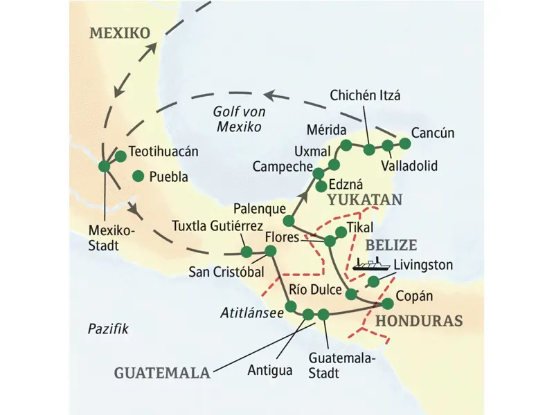 Unsere Reiseroute durch Mexiko und Guatemala startet in Mexiko-Stadt, führt über San Cristóbal nach Guatemala mit dem Atitlánsee, Antigua sowie Tikal und wieder zurück nach Mexiko über die Halbinsel Yukatan bis nach Cancún. Ein Abstecher nach Copán in Honduras ist auch dabei.