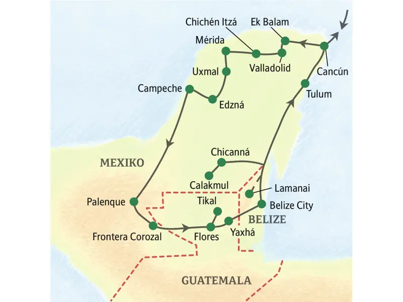 Unsere Reiseroute durch Mexiko, Guatemala und Belize startet in Cancún und führt über Chichén Itzá, Campeche, Palenque, Tikal und Belize City zurück zu unserem Ausgangspunkt. Sie erleben auch die Götterwelt der Mayas in Uxmal und Umgebung.