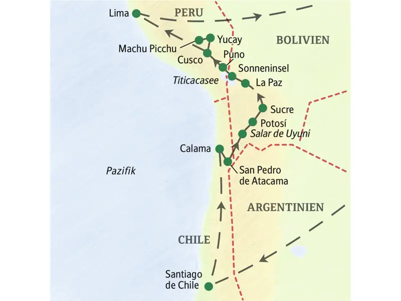 Unsere Reiseroute durch drei südamerikanische Länder startet in Santiago de Chile und führt über San Pedro, den Salzsee Salar de Uyuni, Potosí, Sucre, La Paz, den Titicacasee, Puno, Cuzco und das Heilige Tal bis in die peruanische Hautpstadt Lima.